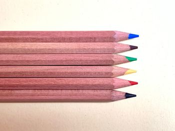 Close-up of multi colored pencils against white background