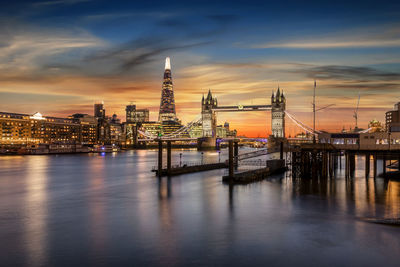 Bridge and cityscape by river against sky during sunset