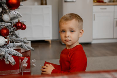 Portrait of cute boy decorating christmas tree