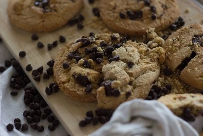 Close-up of cookies on board