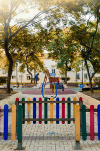 Multi colored trees in city