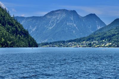 Scenic view of sea and mountains against blue sky