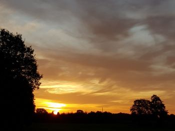 Silhouette trees on field against orange sky