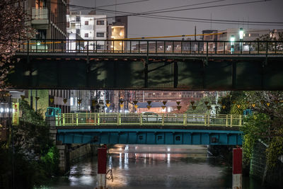 Bridge over river in city at night