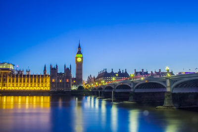 Bridge over river and illuminated buildings in city against sky