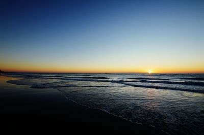 Scenic view of sea against clear sky during sunset
