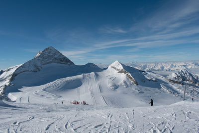 Hintertux glacier panorama on a sunny winter day. snowy background panorama, white winter scenery.