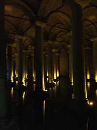 Interior of illuminated temple at night