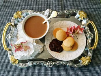 High angle view of breakfast on table