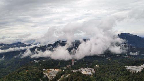 Aerial view of buildings against cloudy sky