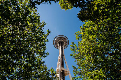 Low angle view of tower against clear blue sky