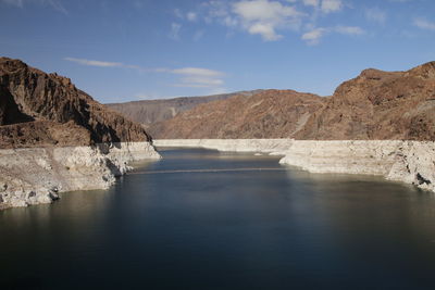 Scenic view of river by mountains against sky