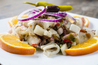 Close-up of fruit salad in plate