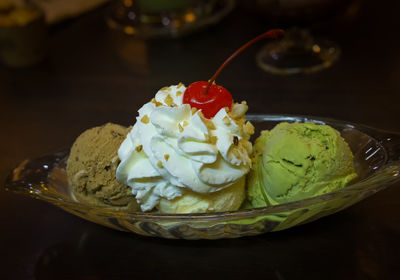 Close-up of ice cream in plate on table