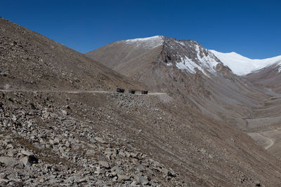 Scenic view of snowcapped mountains against clear blue sky