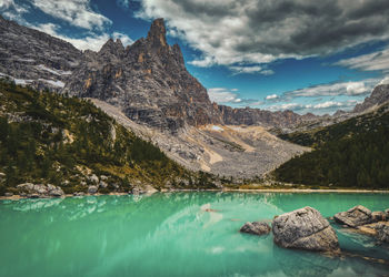 Scenic view of lake and mountains against sky