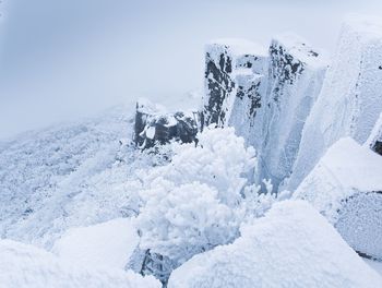 Low angle view of snowcapped mountain against sky