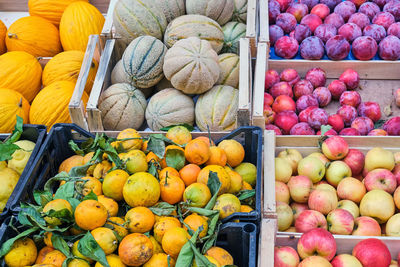 High angle view of fruits for sale at market stall