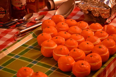 High angle view of oranges in bowl on table