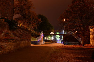 Illuminated street amidst trees at night