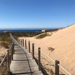 Scenic view of beach against clear blue sky