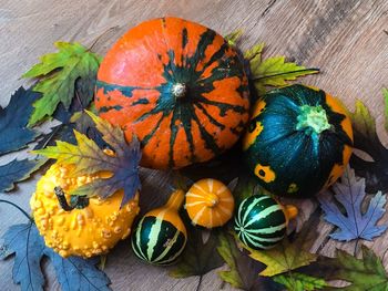 High angle view of pumpkins on table