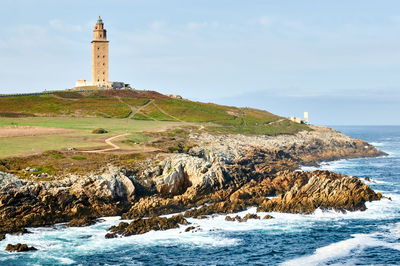 Lighthouse on beach by sea against sky