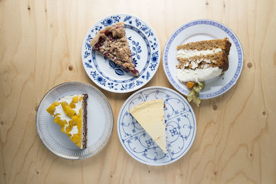 High angle view of breakfast served on table