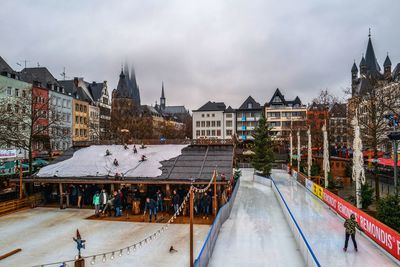 High angle view of buildings in city during winter