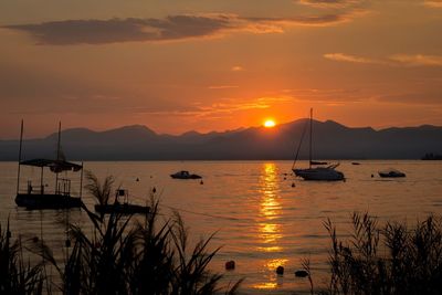 Sailboats in sea against sky during sunset