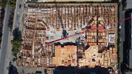 High angle view of construction site by road in city