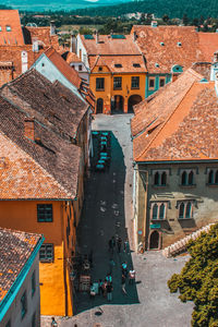 High angle view of buildings in town