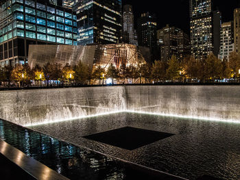 Fountain in city at night