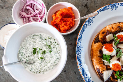 High angle view of meal served on table