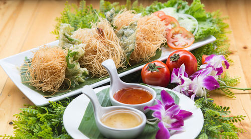 High angle view of food served on table