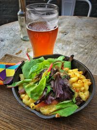 High angle view of beer in glass on table