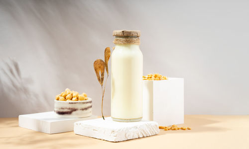 Vegetable pea milk in a bottle. gluten-free, lactose-free vegan product. modern. copy space