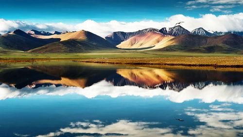 Scenic view of lake against cloudy sky