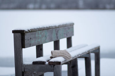 Close-up of wooden bench and gloves