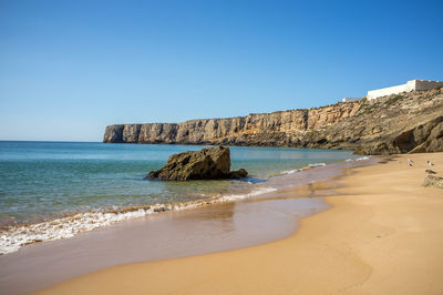 Scenic view of sea against clear blue sky
