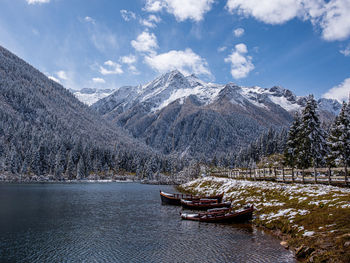 Scenic view of lake by mountains against sky