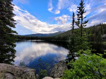 Scenic view of lake in forest against sky