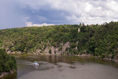 Scenic view of lake by trees against sky