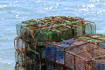 High angle view of fishing net on beach