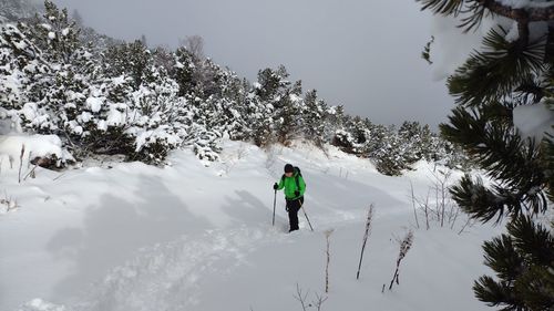 Rear view of person on snowcapped mountain against sky