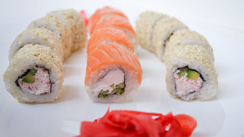 Close-up of sushi served in plate