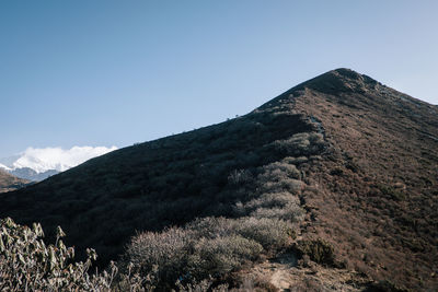 Low angle view of mountain range against clear sky