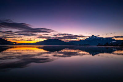 Scenic view of lake by mountains against romantic sky