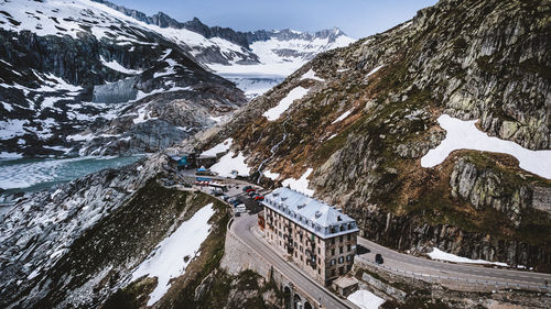 High angle view of snowcapped mountains during winter