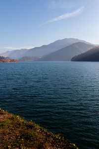 Scenic view of lake by mountains against sky